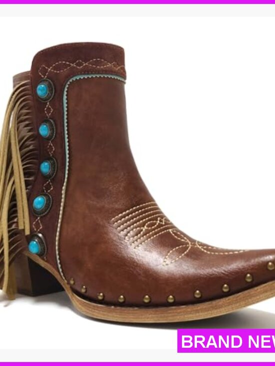 Western Fringe Ankle Boots Studded Turquoise Stones Block Heel Cowgirl Chic - Picture 3 of 7